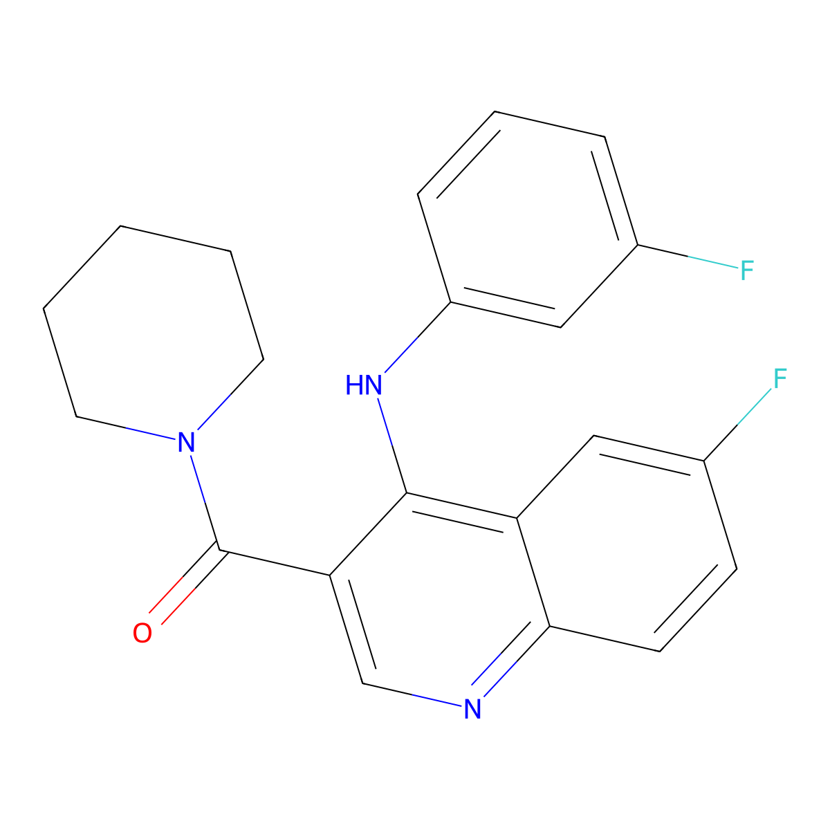 (6-Fluoro-4-((3-fluorophenyl)amino)quinolin-3-yl)(piperidin-1-yl)methanone molecular structure, CAS 1189730-39-9