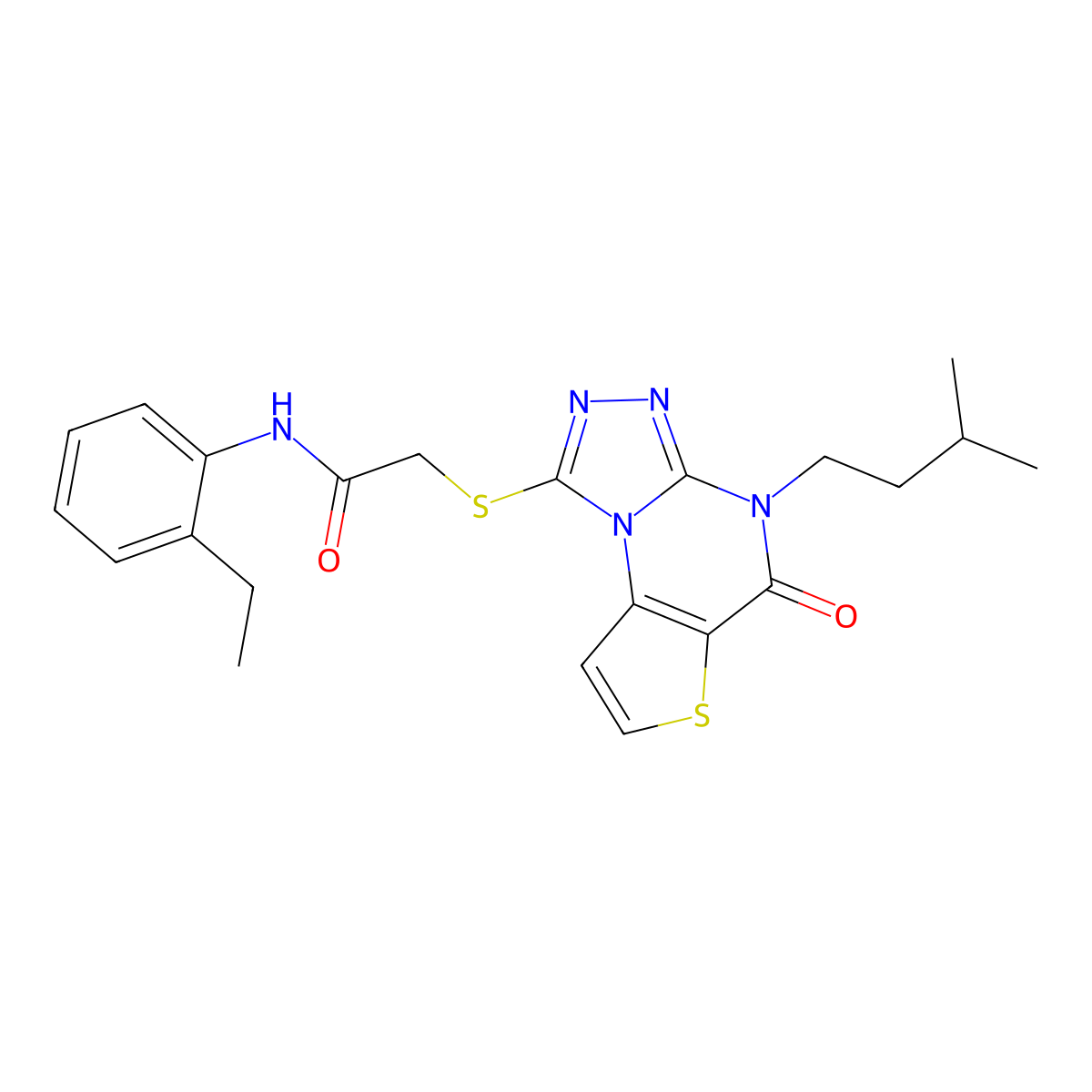 N-(2-ethylphenyl)-2-((4-isopentyl-5-oxo-4,5-dihydrothieno[2,3-e][1,2,4]triazolo[4,3-a]pyrimidin-1-yl)thio)acetamide molecular structure, CAS 1189730-60-6