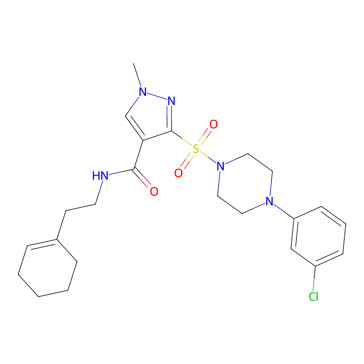 3-{[4-(3-chlorophenyl)piperazin-1-yl]sulfonyl}-N-[2-(cyclohex-1-en-1-yl)ethyl]-1-methyl-1H-pyrazole-4-carboxamide molecular structure, CAS 1189733-07-0