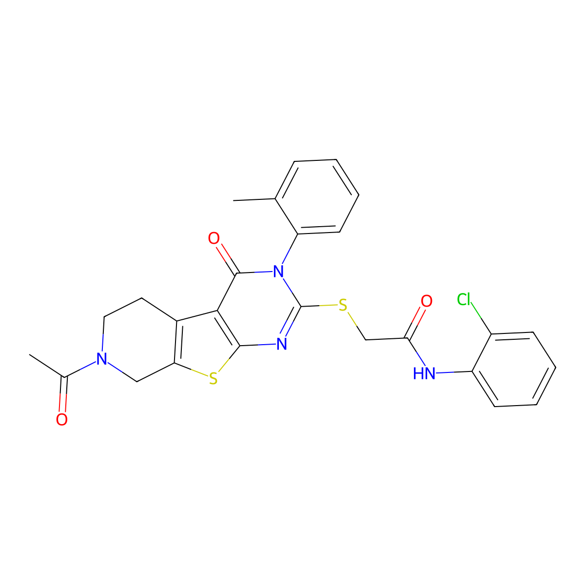 2-((7-acetyl-4-oxo-3-(o-tolyl)-3,4,5,6,7,8-hexahydropyrido[4',3':4,5]thieno[2,3-d]pyrimidin-2-yl)thio)-N-(2-chlorophenyl)acetamide molecular structure, CAS 1189733-40-1