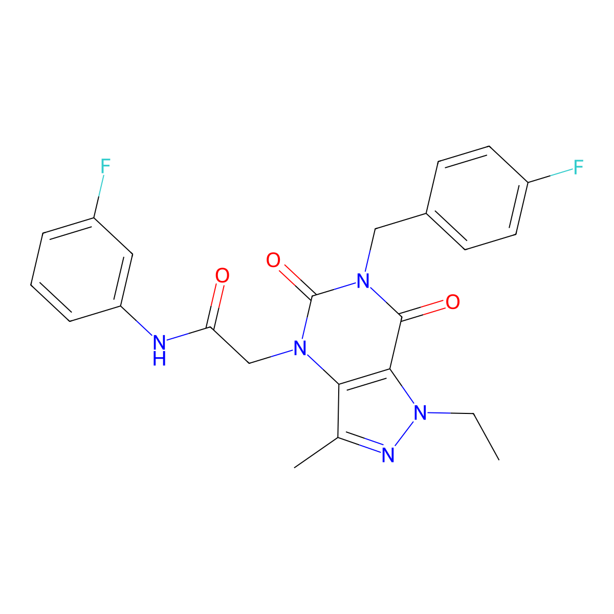 2-(1-ethyl-6-(4-fluorobenzyl)-3-methyl-5,7-dioxo-6,7-dihydro-1H-pyrazolo[4,3-d]pyrimidin-4(5H)-yl)-N-(3-fluorophenyl)acetamide molecular structure, CAS 1189736-04-6