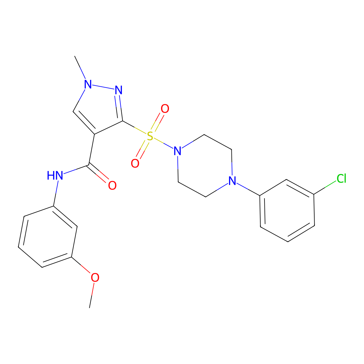 3-{[4-(3-chlorophenyl)piperazin-1-yl]sulfonyl}-N-(3-methoxyphenyl)-1-methyl-1H-pyrazole-4-carboxamide molecular structure, CAS 1189855-34-2