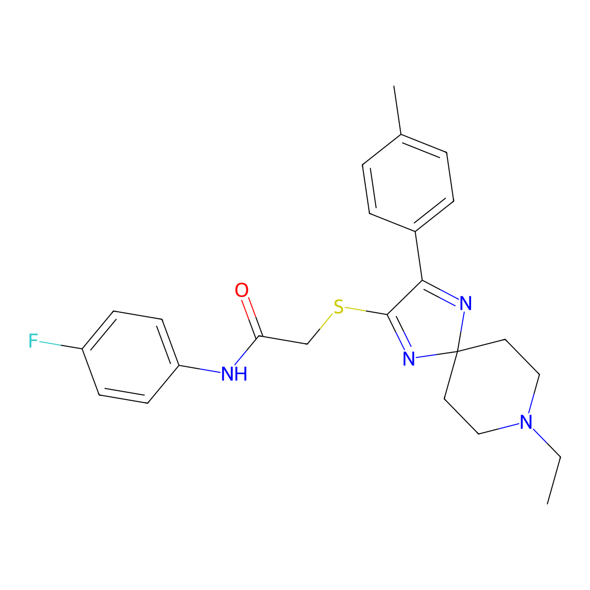 2-((8-ethyl-3-(p-tolyl)-1,4,8-triazaspiro[4.5]deca-1,3-dien-2-yl)thio)-N-(4-fluorophenyl)acetamide molecular structure, CAS 1189855-53-5