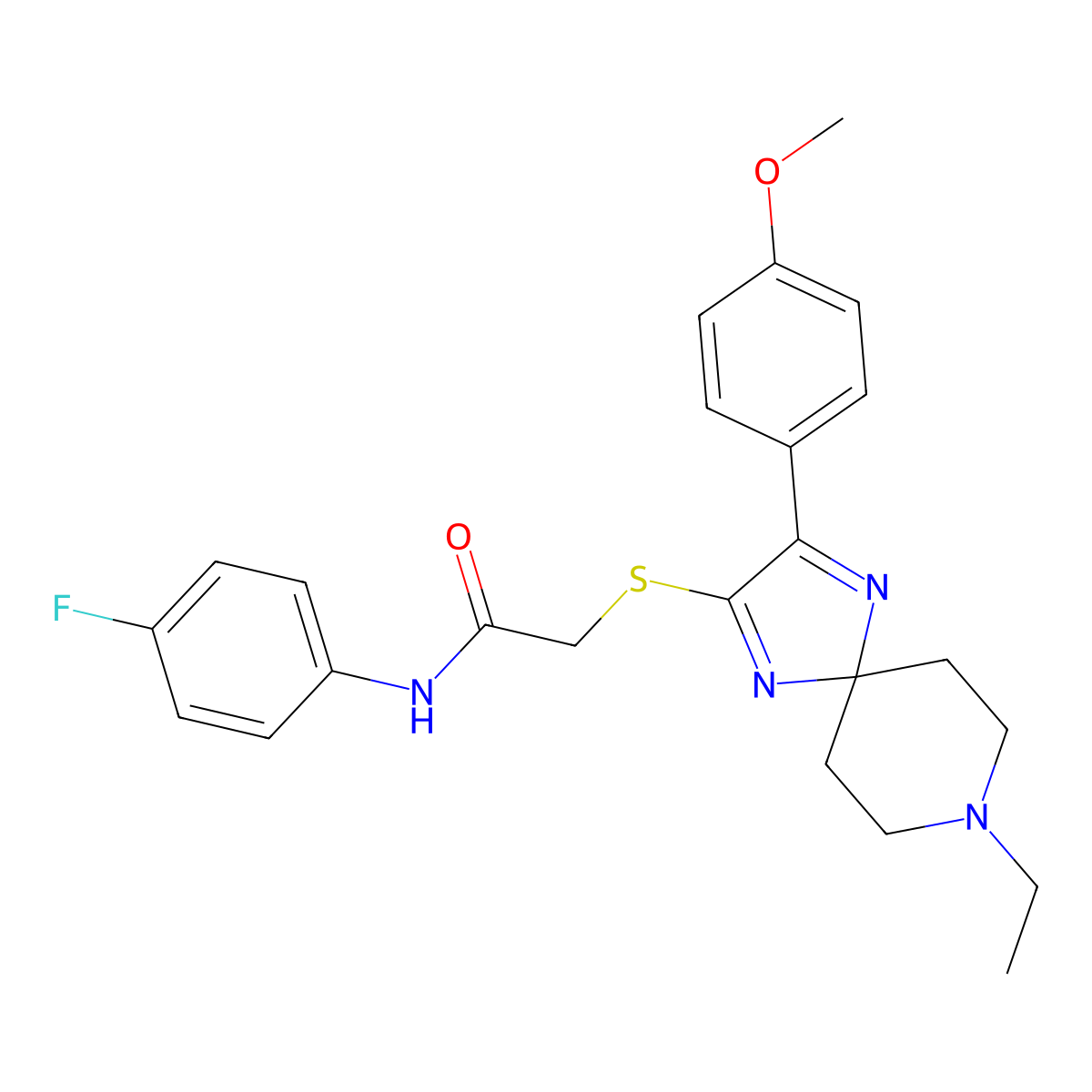 2-((8-ethyl-3-(4-methoxyphenyl)-1,4,8-triazaspiro[4.5]deca-1,3-dien-2-yl)thio)-N-(4-fluorophenyl)acetamide molecular structure, CAS 1189856-95-8