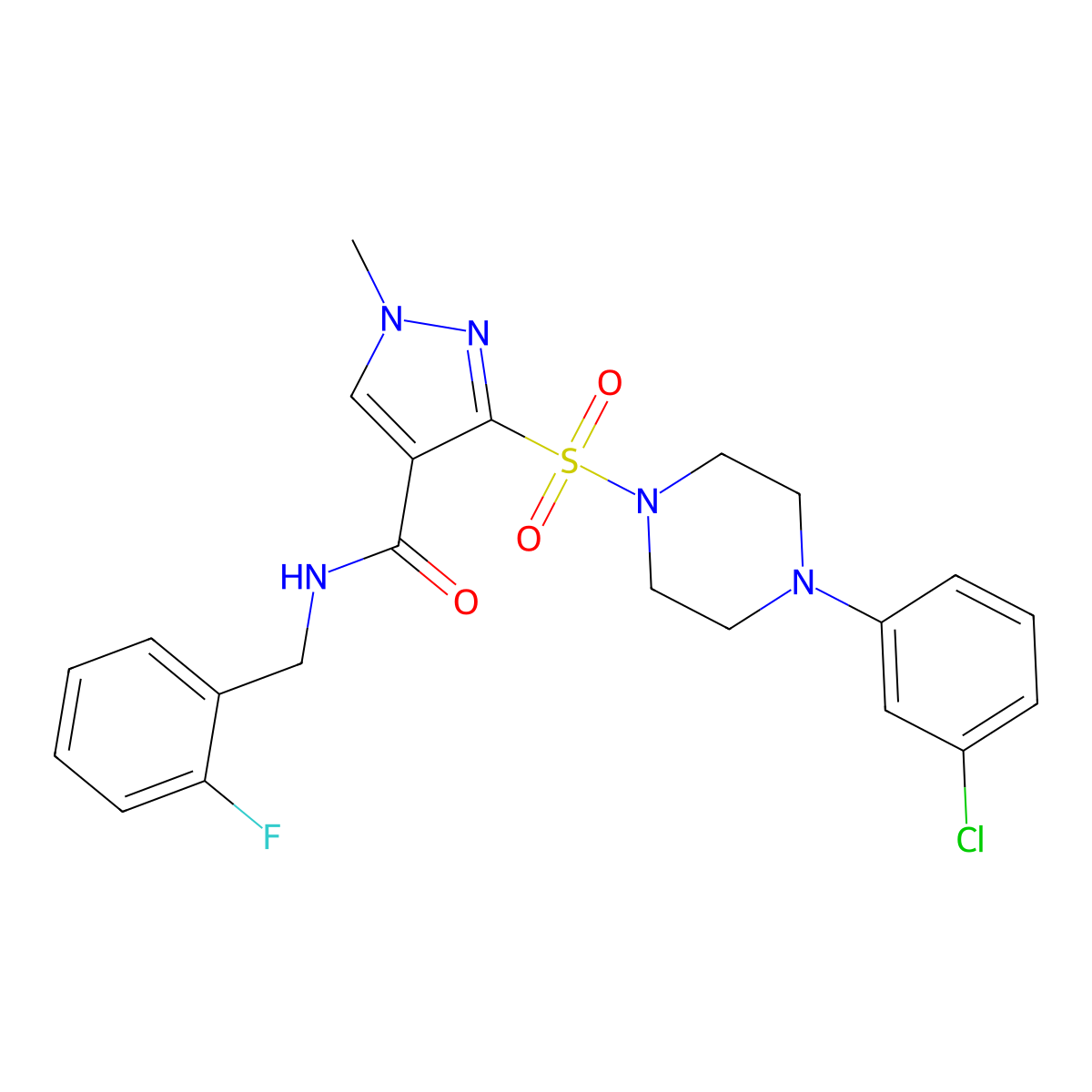 3-{[4-(3-chlorophenyl)piperazin-1-yl]sulfonyl}-N-[(2-fluorophenyl)methyl]-1-methyl-1H-pyrazole-4-carboxamide molecular structure, CAS 1189857-04-2