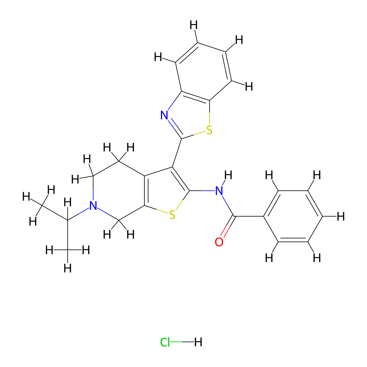 N-(3-(benzo[d]thiazol-2-yl)-6-isopropyl-4,5,6,7-tetrahydrothieno[2,3-c]pyridin-2-yl)benzamide hydrochloride molecular structure, CAS 1189857-22-4