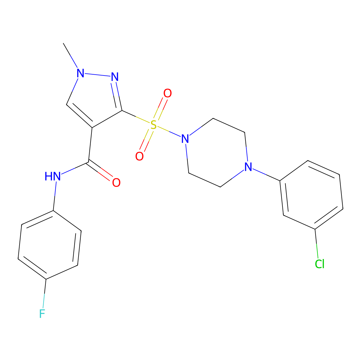3-{[4-(3-chlorophenyl)piperazin-1-yl]sulfonyl}-N-(4-fluorophenyl)-1-methyl-1H-pyrazole-4-carboxamide molecular structure, CAS 1189858-14-7