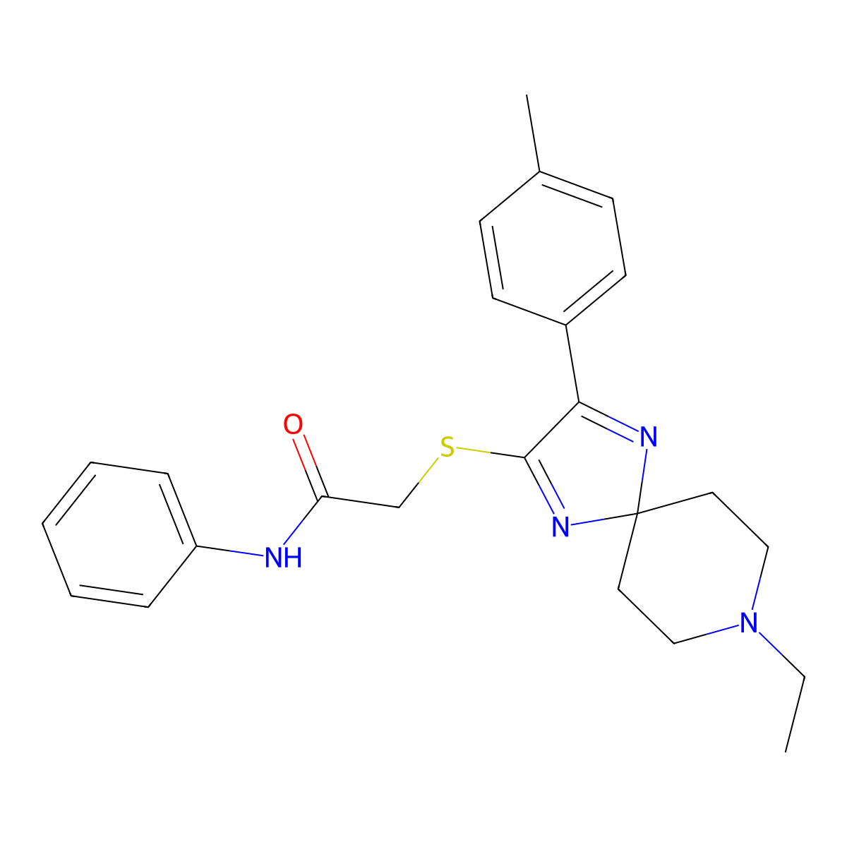 2-((8-ethyl-3-(p-tolyl)-1,4,8-triazaspiro[4.5]deca-1,3-dien-2-yl)thio)-N-phenylacetamide molecular structure, CAS 1189859-31-1