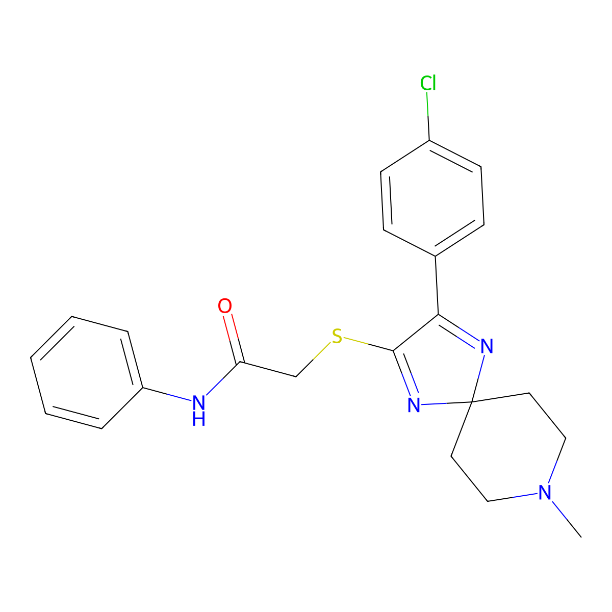 2-((3-(4-chlorophenyl)-8-methyl-1,4,8-triazaspiro[4.5]deca-1,3-dien-2-yl)thio)-N-phenylacetamide molecular structure, CAS 1189860-75-0