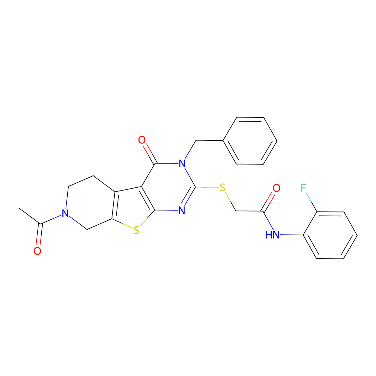 2-((7-acetyl-3-benzyl-4-oxo-3,4,5,6,7,8-hexahydropyrido[4',3':4,5]thieno[2,3-d]pyrimidin-2-yl)thio)-N-(2-fluorophenyl)acetamide molecular structure, CAS 1189862-88-1