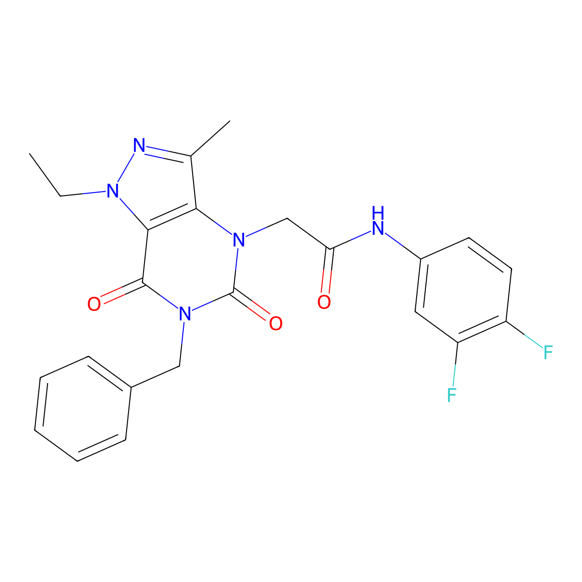 2-{6-benzyl-1-ethyl-3-methyl-5,7-dioxo-1H,4H,5H,6H,7H-pyrazolo[4,3-d]pyrimidin-4-yl}-N-(3,4-difluorophenyl)acetamide molecular structure, CAS 1189864-08-1