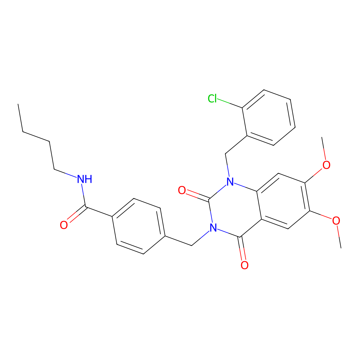 N-butyl-4-((1-(2-chlorobenzyl)-6,7-dimethoxy-2,4-dioxo-1,2-dihydroquinazolin-3(4H)-yl)methyl)benzamide molecular structure, CAS 1189864-89-8
