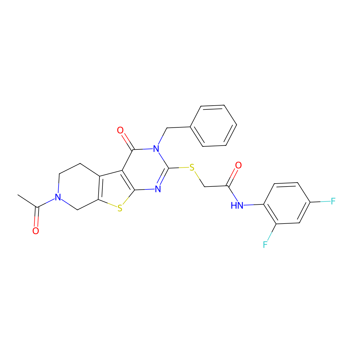 2-((7-acetyl-3-benzyl-4-oxo-3,4,5,6,7,8-hexahydropyrido[4',3':4,5]thieno[2,3-d]pyrimidin-2-yl)thio)-N-(2,4-difluorophenyl)acetamide molecular structure, CAS 1189865-84-6