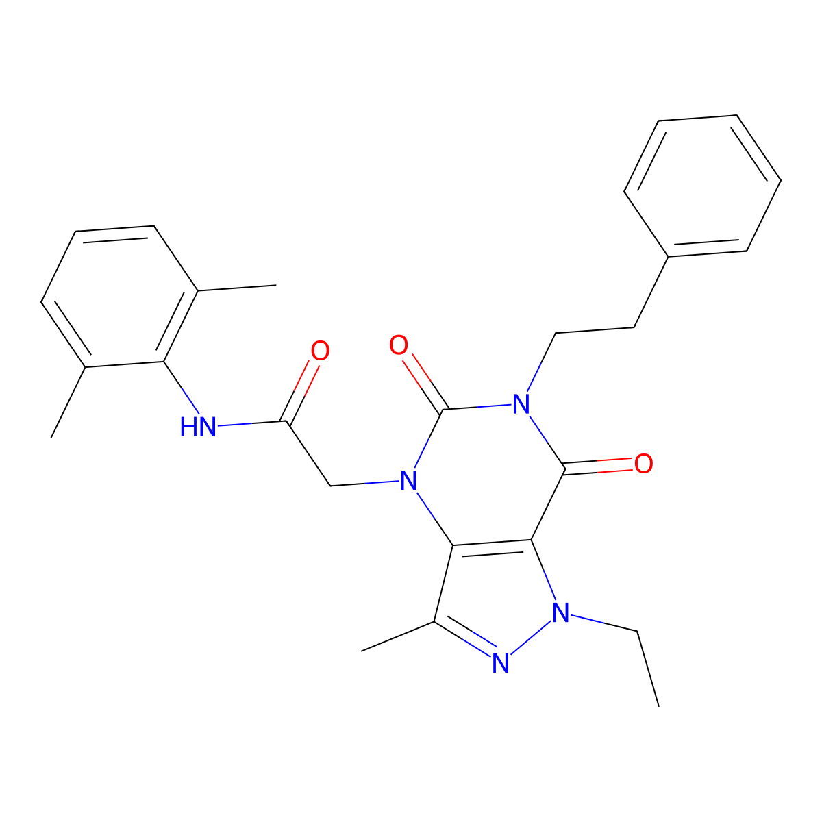 N-(2,6-dimethylphenyl)-2-(1-ethyl-3-methyl-5,7-dioxo-6-phenethyl-6,7-dihydro-1H-pyrazolo[4,3-d]pyrimidin-4(5H)-yl)acetamide molecular structure, CAS 1189866-43-0