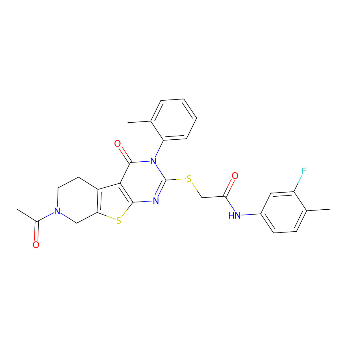 2-((7-acetyl-4-oxo-3-(o-tolyl)-3,4,5,6,7,8-hexahydropyrido[4',3':4,5]thieno[2,3-d]pyrimidin-2-yl)thio)-N-(3-fluoro-4-methylphenyl)acetamide molecular structure, CAS 1189866-67-8