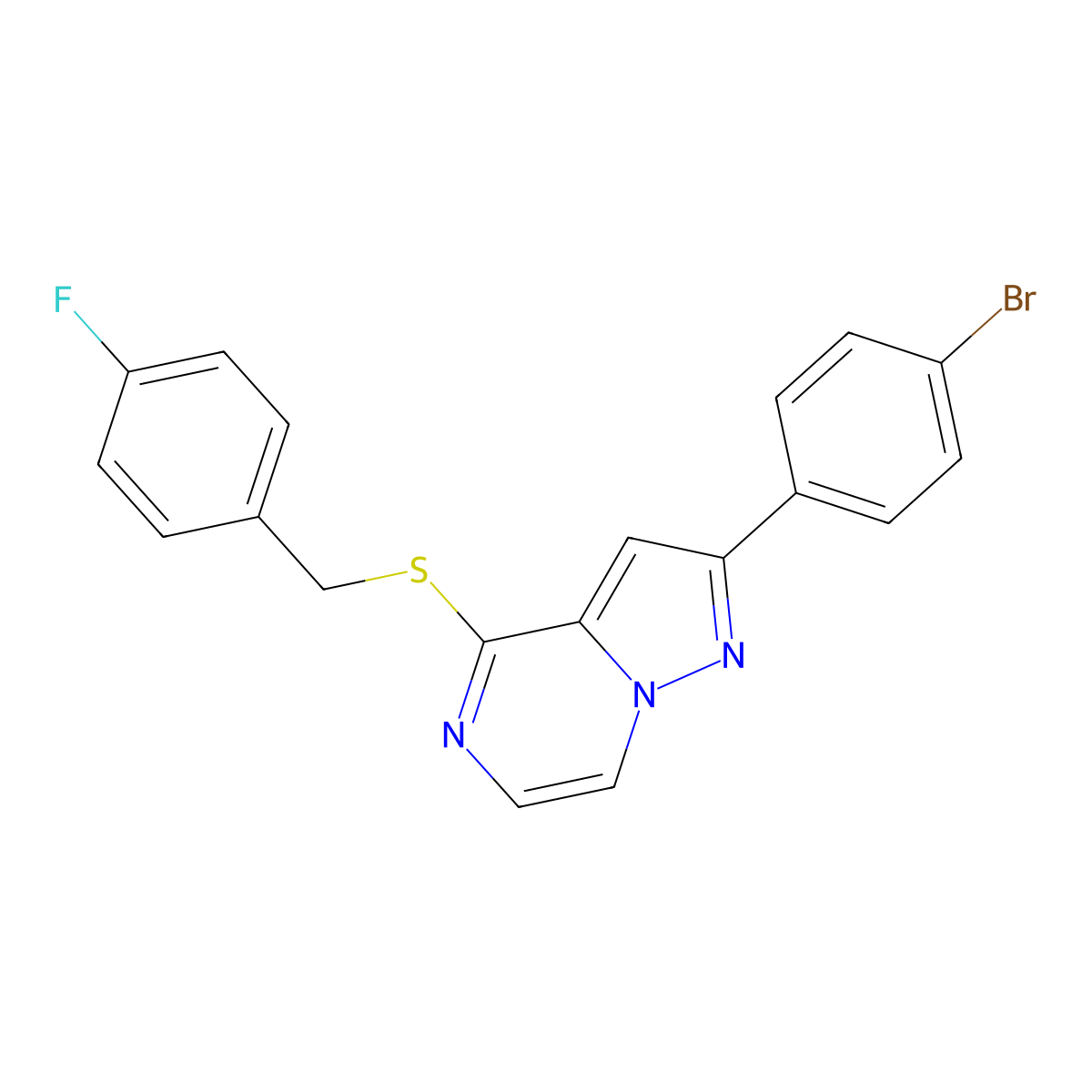 2-(4-Bromophenyl)-4-[(4-fluorobenzyl)thio]pyrazolo[1,5-a]pyrazine molecular structure, CAS 1189868-46-9
