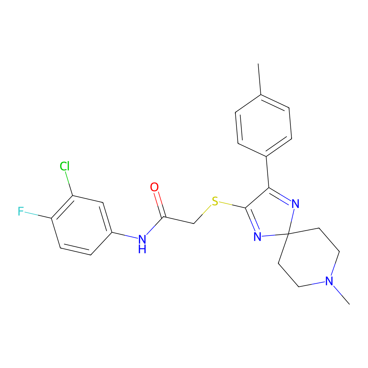 N-(3-chloro-4-fluorophenyl)-2-((8-methyl-3-(p-tolyl)-1,4,8-triazaspiro[4.5]deca-1,3-dien-2-yl)thio)acetamide molecular structure, CAS 1189868-77-6