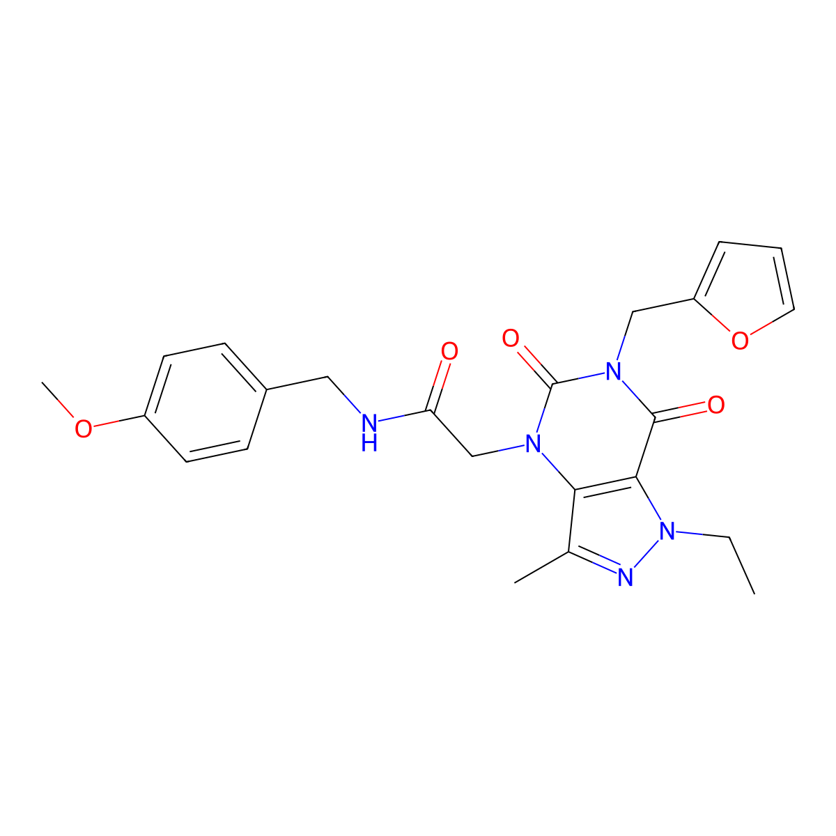 2-(1-ethyl-6-(furan-2-ylmethyl)-3-methyl-5,7-dioxo-6,7-dihydro-1H-pyrazolo[4,3-d]pyrimidin-4(5H)-yl)-N-(4-methoxybenzyl)acetamide molecular structure, CAS 1189869-22-4
