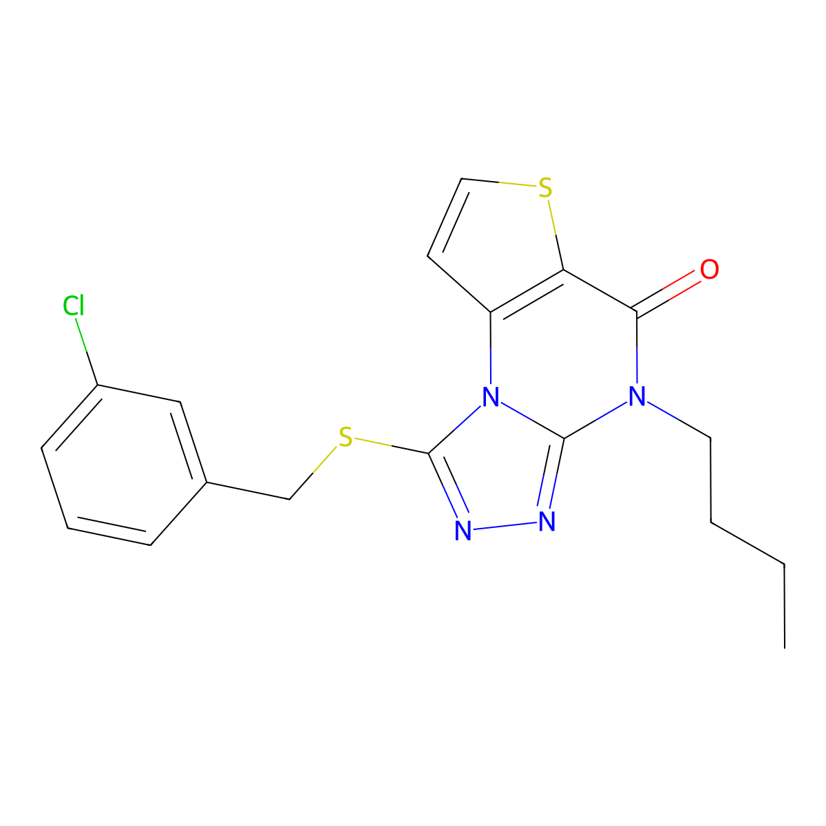 4-butyl-1-((3-chlorobenzyl)thio)thieno[2,3-e][1,2,4]triazolo[4,3-a]pyrimidin-5(4H)-one molecular structure, CAS 1189869-83-7