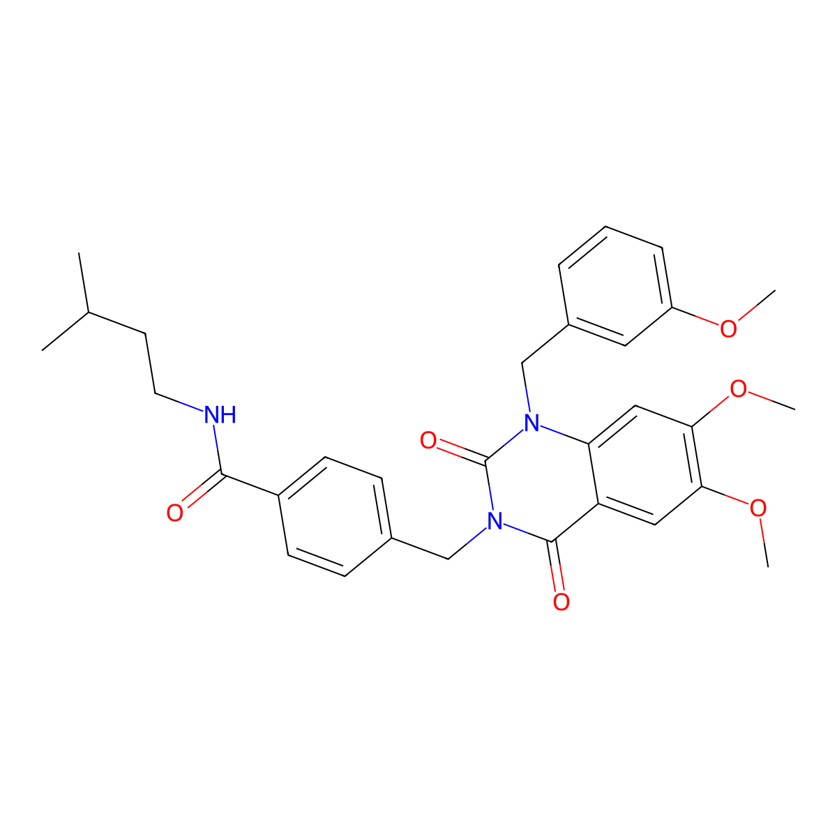 4-((6,7-dimethoxy-1-(3-methoxybenzyl)-2,4-dioxo-1,2-dihydroquinazolin-3(4H)-yl)methyl)-N-isopentylbenzamide molecular structure, CAS 1189870-33-4