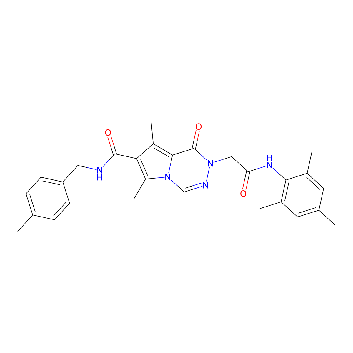 6,8-dimethyl-N-[(4-methylphenyl)methyl]-1-oxo-2-{[(2,4,6-trimethylphenyl)carbamoyl]methyl}-1H,2H-pyrrolo[1,2-d][1,2,4]triazine-7-carboxamide molecular structure, CAS 1189870-58-3