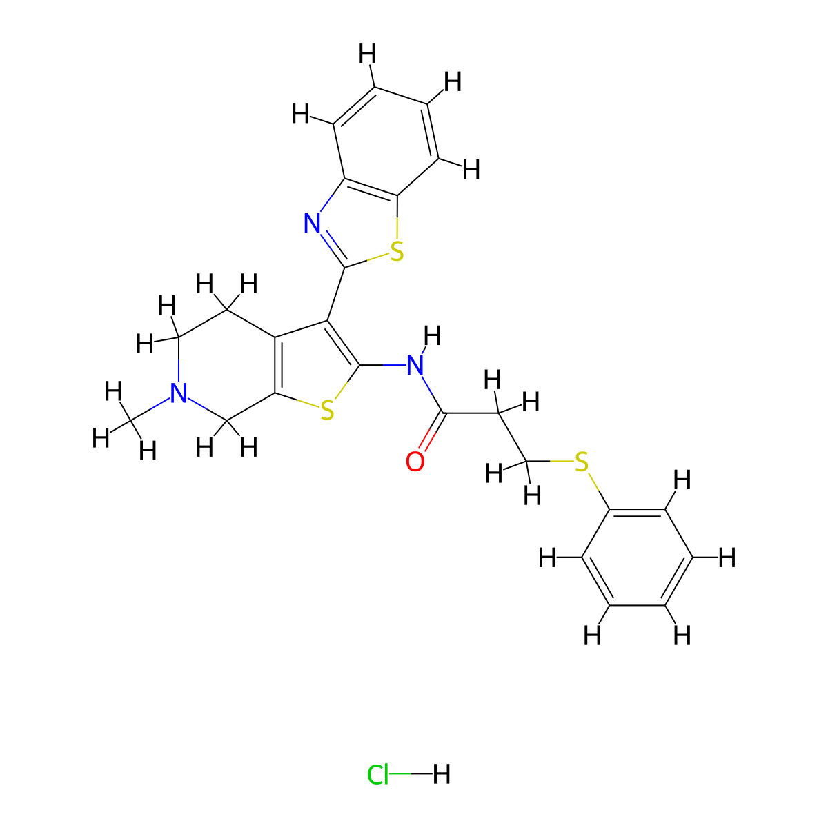 N-(3-(benzo[d]thiazol-2-yl)-6-methyl-4,5,6,7-tetrahydrothieno[2,3-c]pyridin-2-yl)-3-(phenylthio)propanamide hydrochloride molecular structure, CAS 1189872-89-6