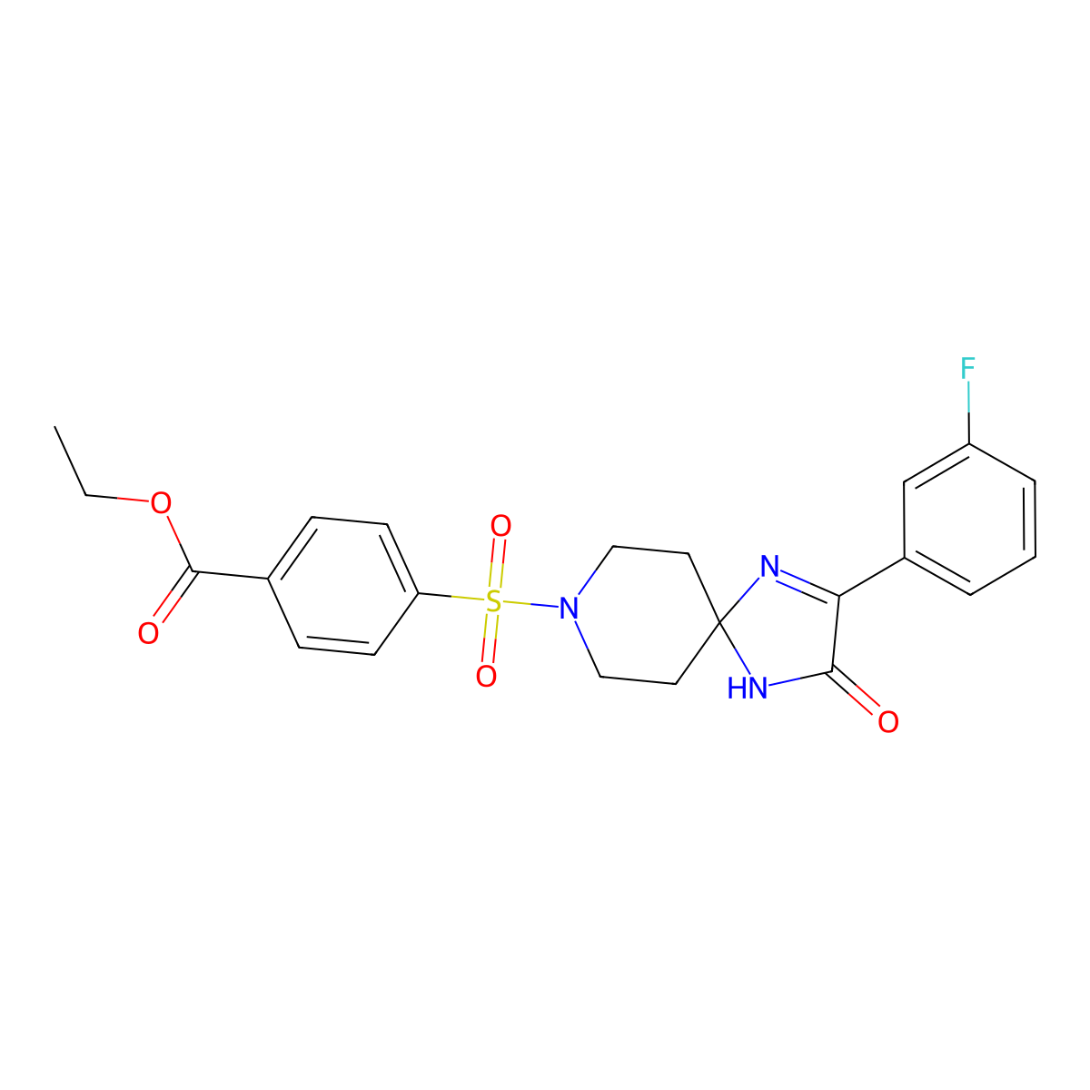 Ethyl 4-((2-(3-fluorophenyl)-3-oxo-1,4,8-triazaspiro[4.5]dec-1-en-8-yl)sulfonyl)benzoate molecular structure, CAS 1189874-36-9