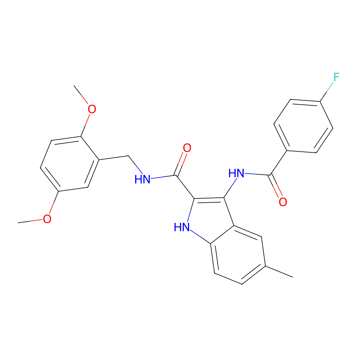 N-[(2,5-dimethoxyphenyl)methyl]-3-(4-fluorobenzamido)-5-methyl-1H-indole-2-carboxamide molecular structure, CAS 1189875-76-0