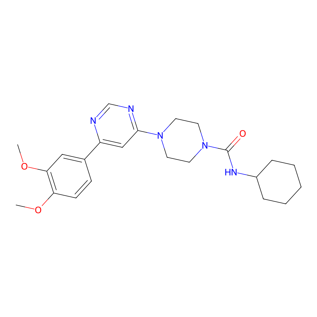 N-cyclohexyl-4-[6-(3,4-dimethoxyphenyl)pyrimidin-4-yl]piperazine-1-carboxamide molecular structure, CAS 1189882-29-8