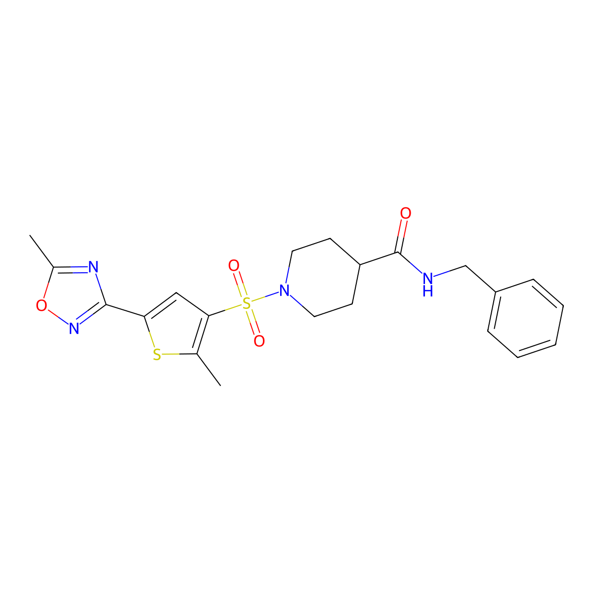 N-benzyl-1-{[2-methyl-5-(5-methyl-1,2,4-oxadiazol-3-yl)-3-thienyl]sulfonyl}piperidine-4-carboxamide molecular structure, CAS 1189883-80-4