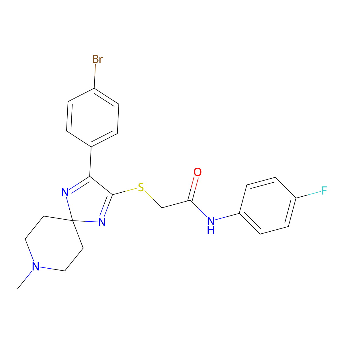 2-((3-(4-bromophenyl)-8-methyl-1,4,8-triazaspiro[4.5]deca-1,3-dien-2-yl)thio)-N-(4-fluorophenyl)acetamide molecular structure, CAS 1189886-40-5