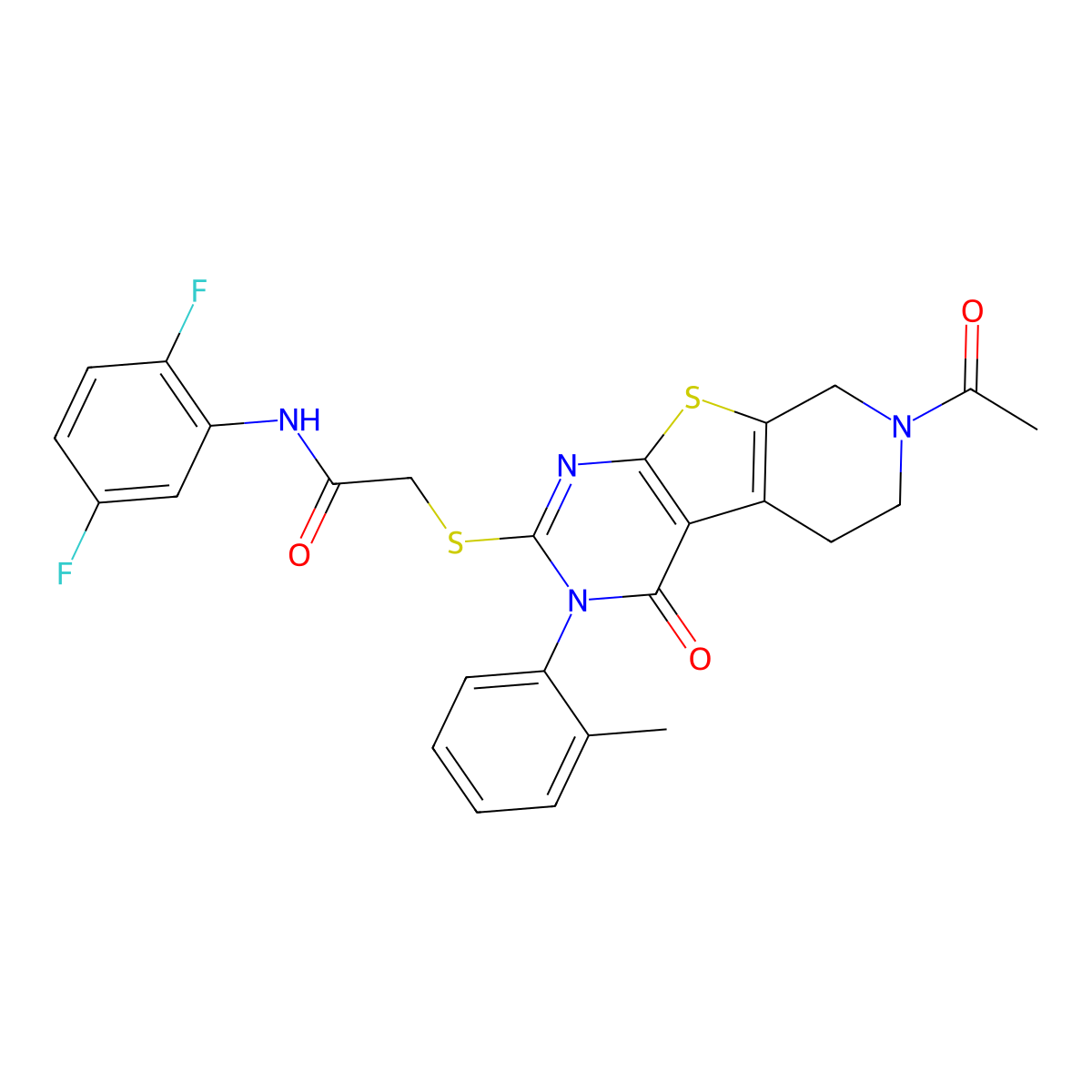 2-((7-acetyl-4-oxo-3-(o-tolyl)-3,4,5,6,7,8-hexahydropyrido[4',3':4,5]thieno[2,3-d]pyrimidin-2-yl)thio)-N-(2,5-difluorophenyl)acetamide molecular structure, CAS 1189886-74-5