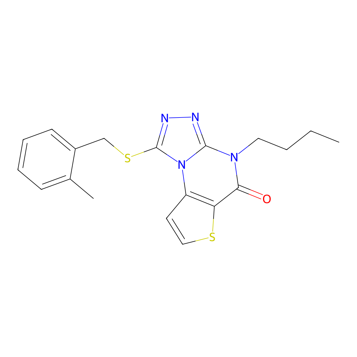 4-butyl-1-((2-methylbenzyl)thio)thieno[2,3-e][1,2,4]triazolo[4,3-a]pyrimidin-5(4H)-one molecular structure, CAS 1189889-86-8