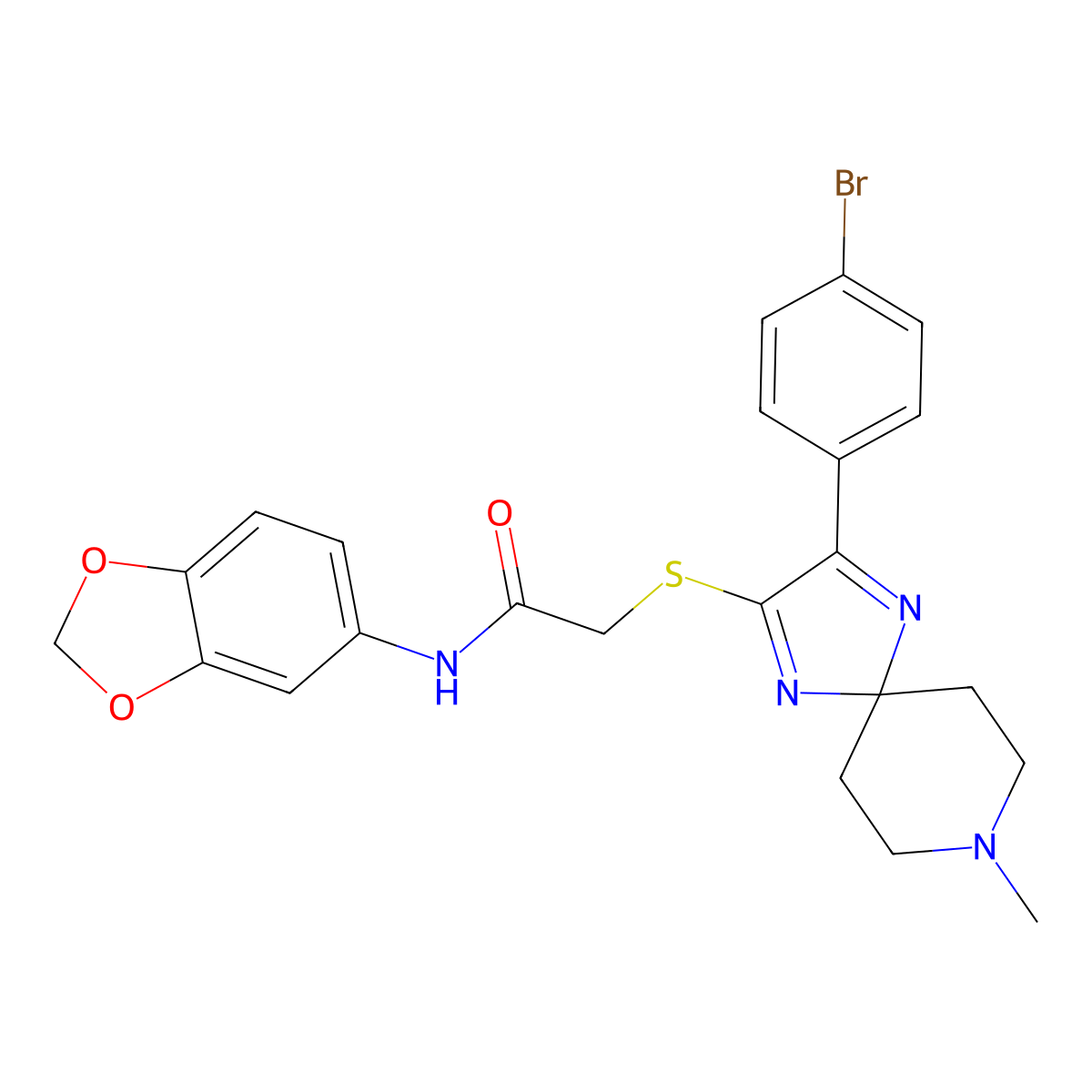 N-(benzo[d][1,3]dioxol-5-yl)-2-((3-(4-bromophenyl)-8-methyl-1,4,8-triazaspiro[4.5]deca-1,3-dien-2-yl)thio)acetamide molecular structure, CAS 1189892-15-6