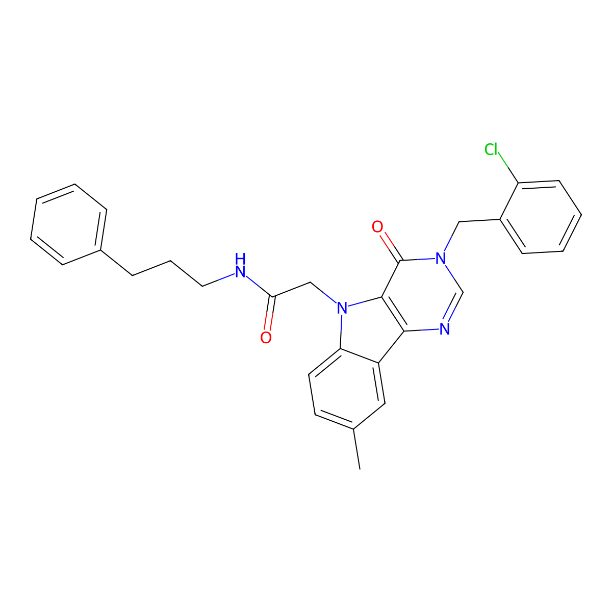 2-(3-(2-chlorobenzyl)-8-methyl-4-oxo-3H-pyrimido[5,4-b]indol-5(4H)-yl)-N-(3-phenylpropyl)acetamide molecular structure, CAS 1189893-58-0