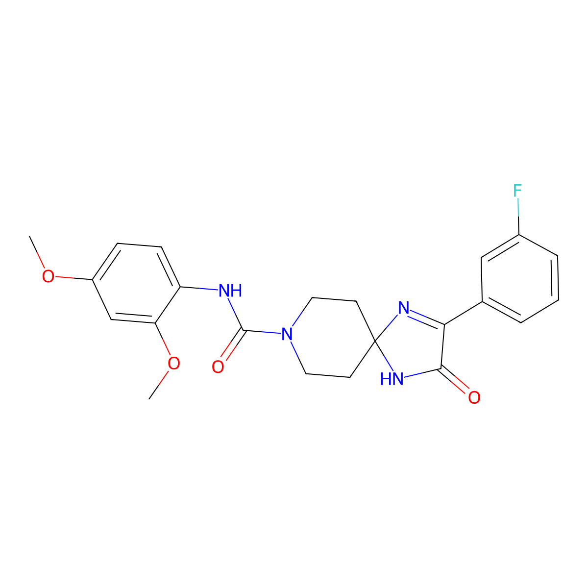 N-(2,4-dimethoxyphenyl)-2-(3-fluorophenyl)-3-oxo-1,4,8-triazaspiro[4.5]dec-1-ene-8-carboxamide molecular structure, CAS 1189896-98-7