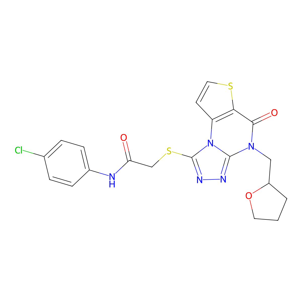N-(4-chlorophenyl)-2-((5-oxo-4-((tetrahydrofuran-2-yl)methyl)-4,5-dihydrothieno[2,3-e][1,2,4]triazolo[4,3-a]pyrimidin-1-yl)thio)acetamide molecular structure, CAS 1189897-40-2