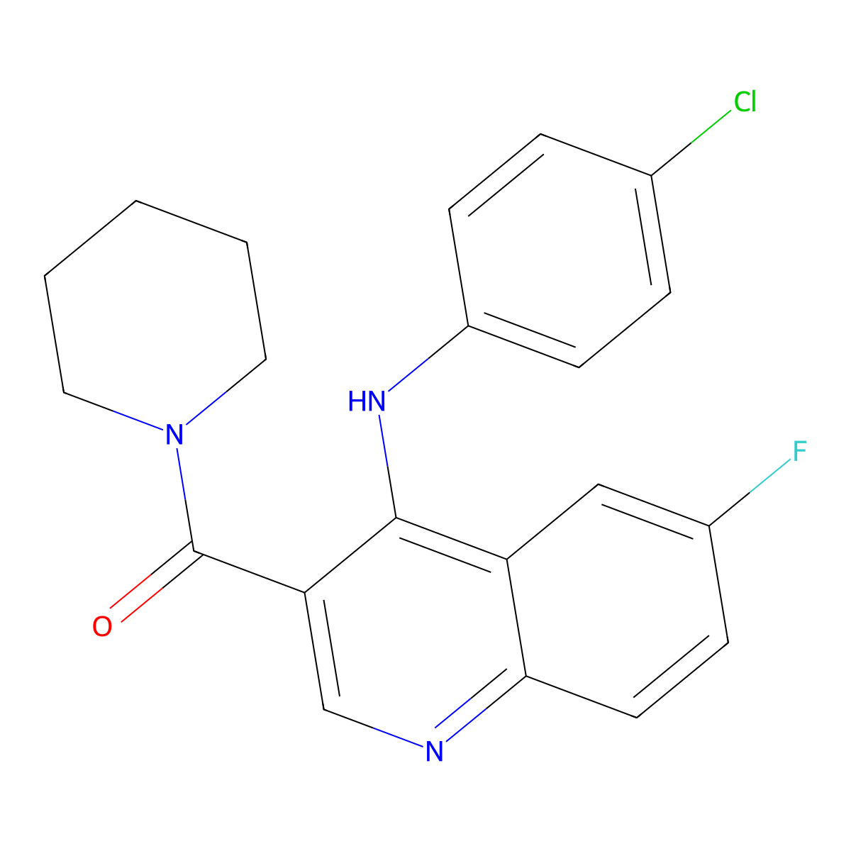 (4-((4-Chlorophenyl)amino)-6-fluoroquinolin-3-yl)(piperidin-1-yl)methanone molecular structure, CAS 1189897-69-5