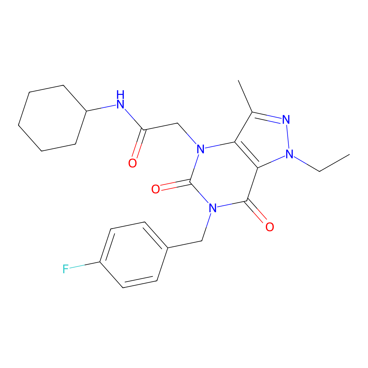 N-cyclohexyl-2-(1-ethyl-6-(4-fluorobenzyl)-3-methyl-5,7-dioxo-6,7-dihydro-1H-pyrazolo[4,3-d]pyrimidin-4(5H)-yl)acetamide molecular structure, CAS 1189898-43-8