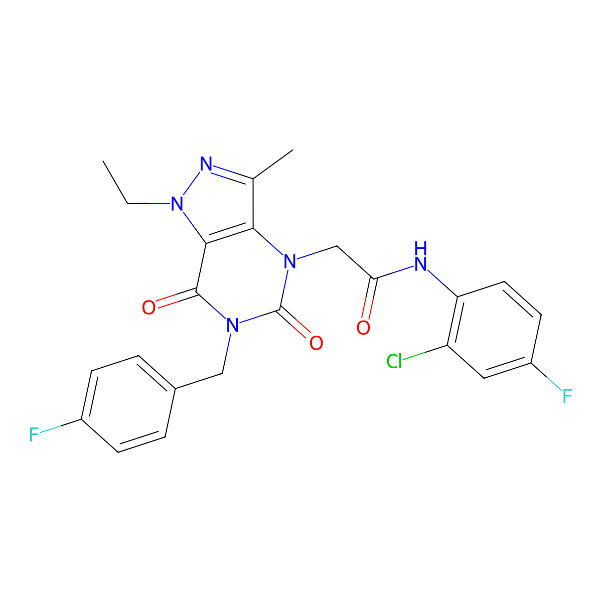 N-(2-chloro-4-fluorophenyl)-2-(1-ethyl-6-(4-fluorobenzyl)-3-methyl-5,7-dioxo-6,7-dihydro-1H-pyrazolo[4,3-d]pyrimidin-4(5H)-yl)acetamide molecular structure, CAS 1189899-64-6
