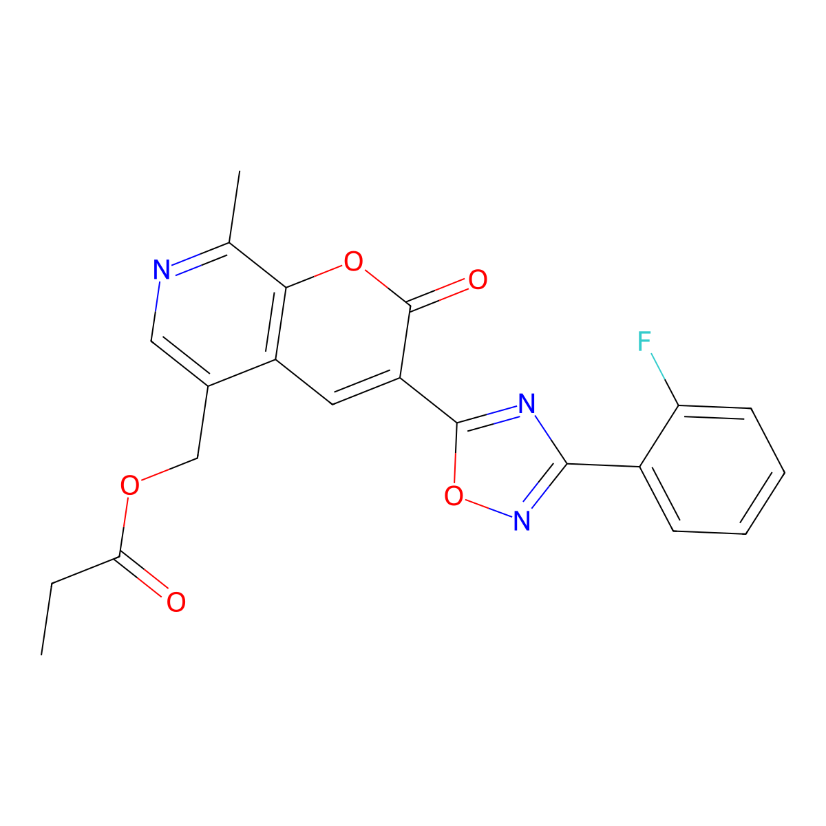(3-(3-(2-fluorophenyl)-1,2,4-oxadiazol-5-yl)-8-methyl-2-oxo-2H-pyrano[2,3-c]pyridin-5-yl)methyl propionate molecular structure, CAS 1189900-45-5