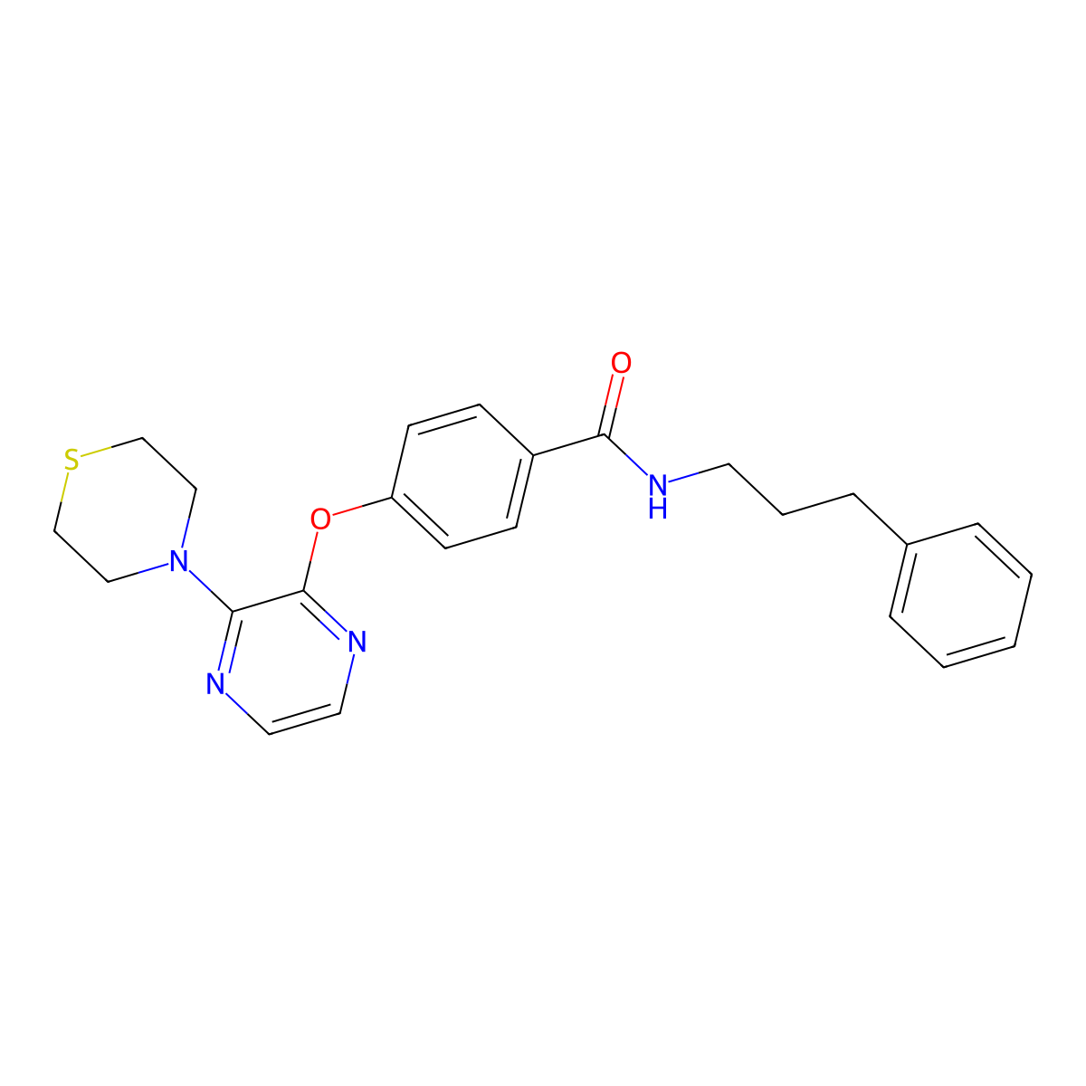 N-(3-phenylpropyl)-4-{[3-(thiomorpholin-4-yl)pyrazin-2-yl]oxy}benzamide molecular structure, CAS 1189900-56-8