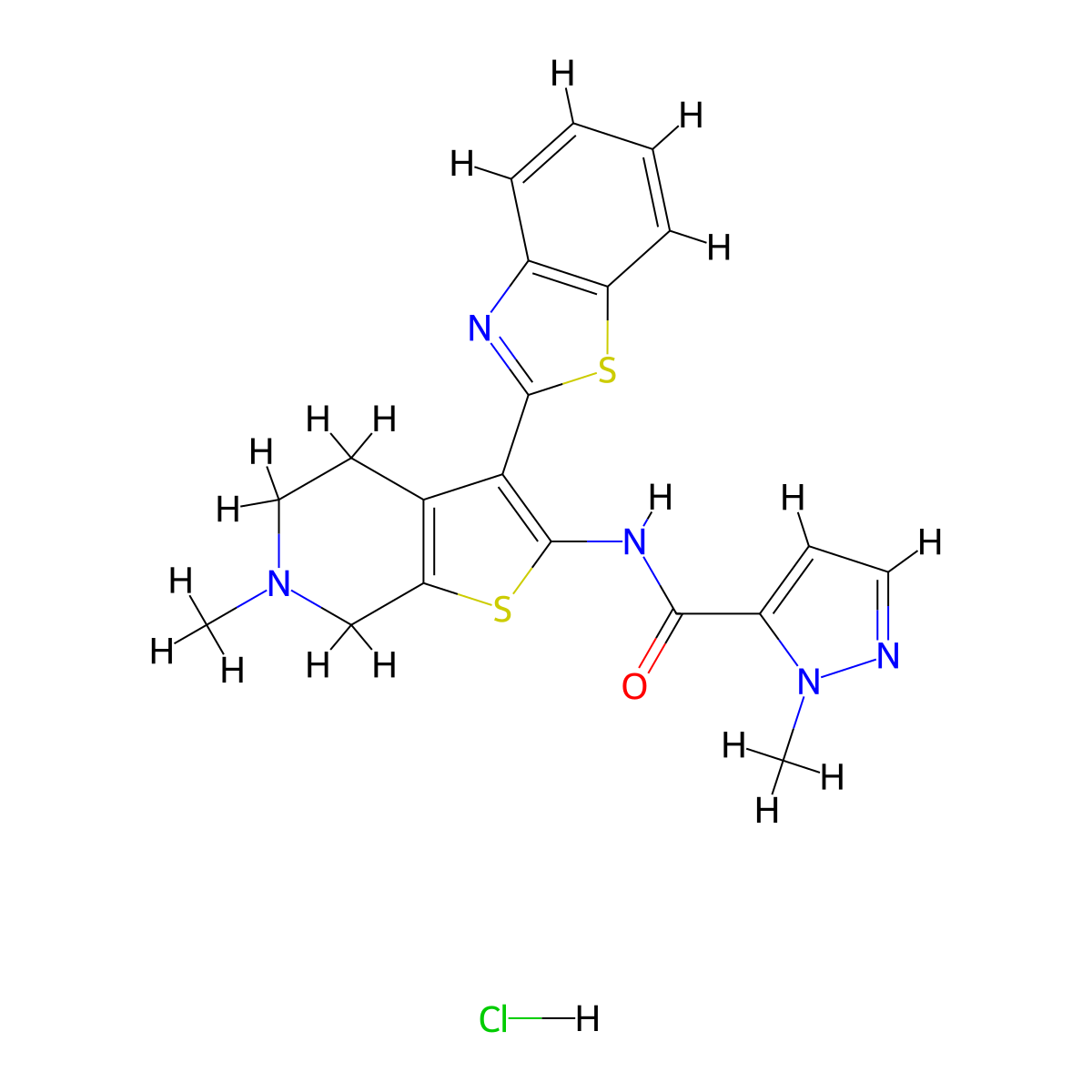 N-(3-(benzo[d]thiazol-2-yl)-6-methyl-4,5,6,7-tetrahydrothieno[2,3-c]pyridin-2-yl)-1-methyl-1H-pyrazole-5-carboxamide hydrochloride molecular structure, CAS 1189903-06-7