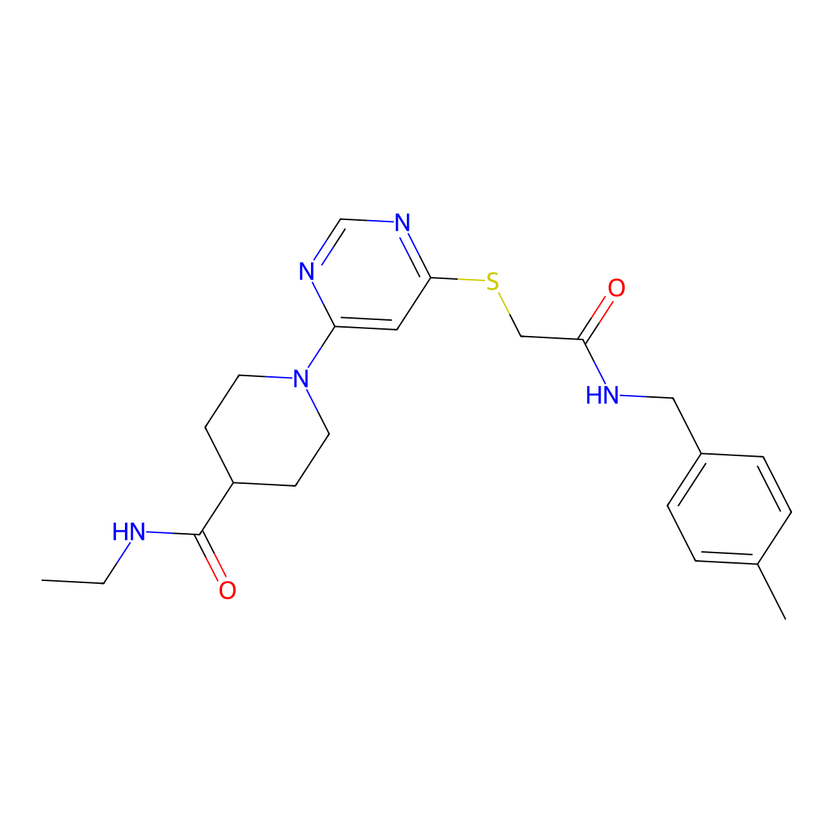 N-ethyl-1-{6-[({[(4-methylphenyl)methyl]carbamoyl}methyl)sulfanyl]pyrimidin-4-yl}piperidine-4-carboxamide molecular structure, CAS 1189907-58-1