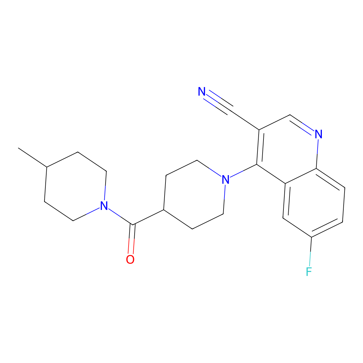6-Fluoro-4-[4-(4-methylpiperidine-1-carbonyl)piperidin-1-yl]quinoline-3-carbonitrile molecular structure, CAS 1189908-25-5