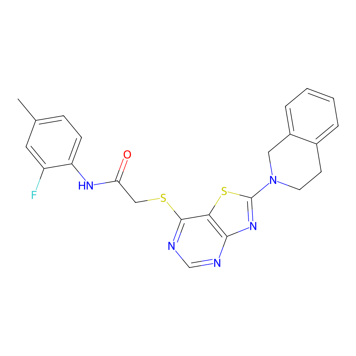 2-((2-(3,4-dihydroisoquinolin-2(1H)-yl)thiazolo[4,5-d]pyrimidin-7-yl)thio)-N-(2-fluoro-4-methylphenyl)acetamide molecular structure, CAS 1189908-38-0