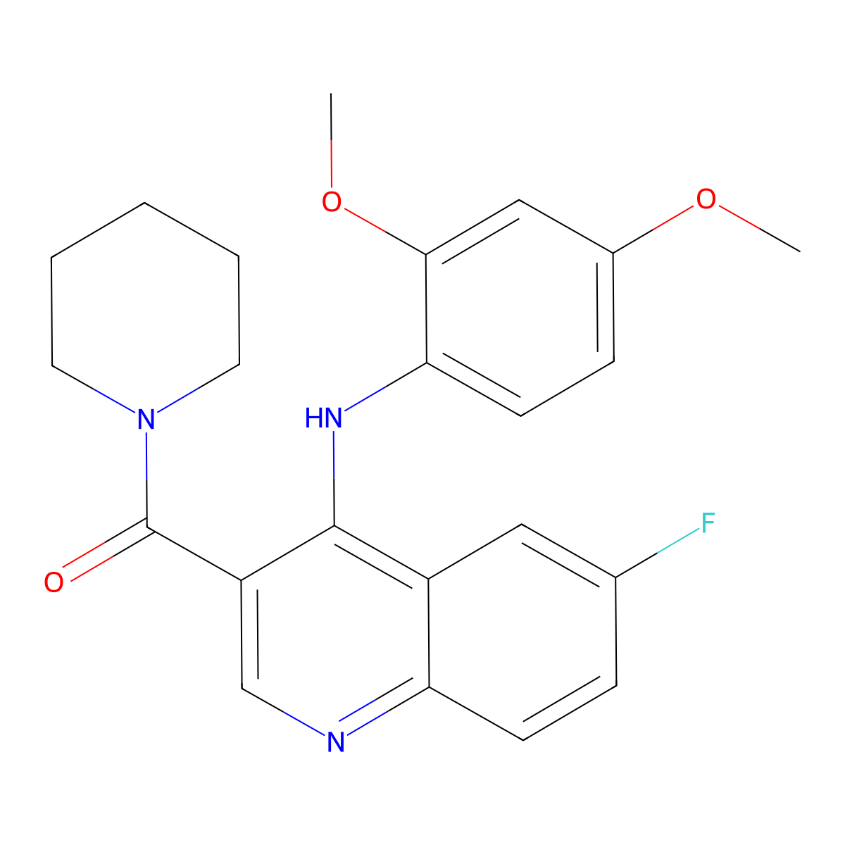 N-(2,4-dimethoxyphenyl)-6-fluoro-3-(piperidin-1-ylcarbonyl)quinolin-4-amine molecular structure, CAS 1189909-35-0