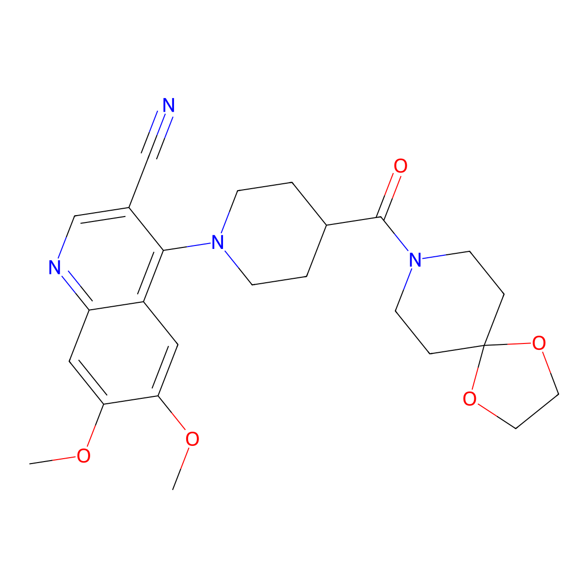 4-(4-{1,4-Dioxa-8-azaspiro[4.5]decane-8-carbonyl}piperidin-1-yl)-6,7-dimethoxyquinoline-3-carbonitrile molecular structure, CAS 1189909-41-8