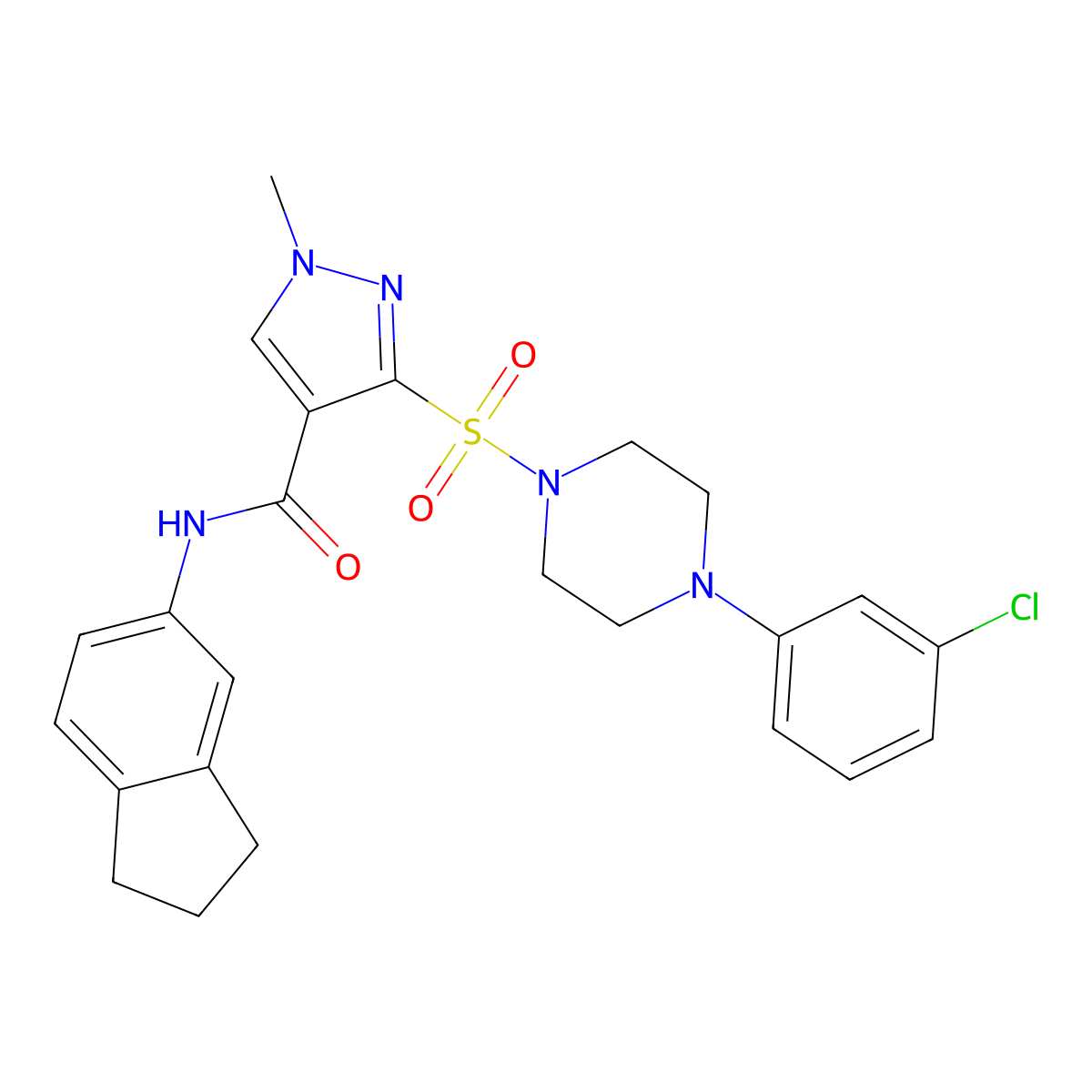 3-{[4-(3-chlorophenyl)piperazin-1-yl]sulfonyl}-N-(2,3-dihydro-1H-inden-5-yl)-1-methyl-1H-pyrazole-4-carboxamide molecular structure, CAS 1189910-42-6