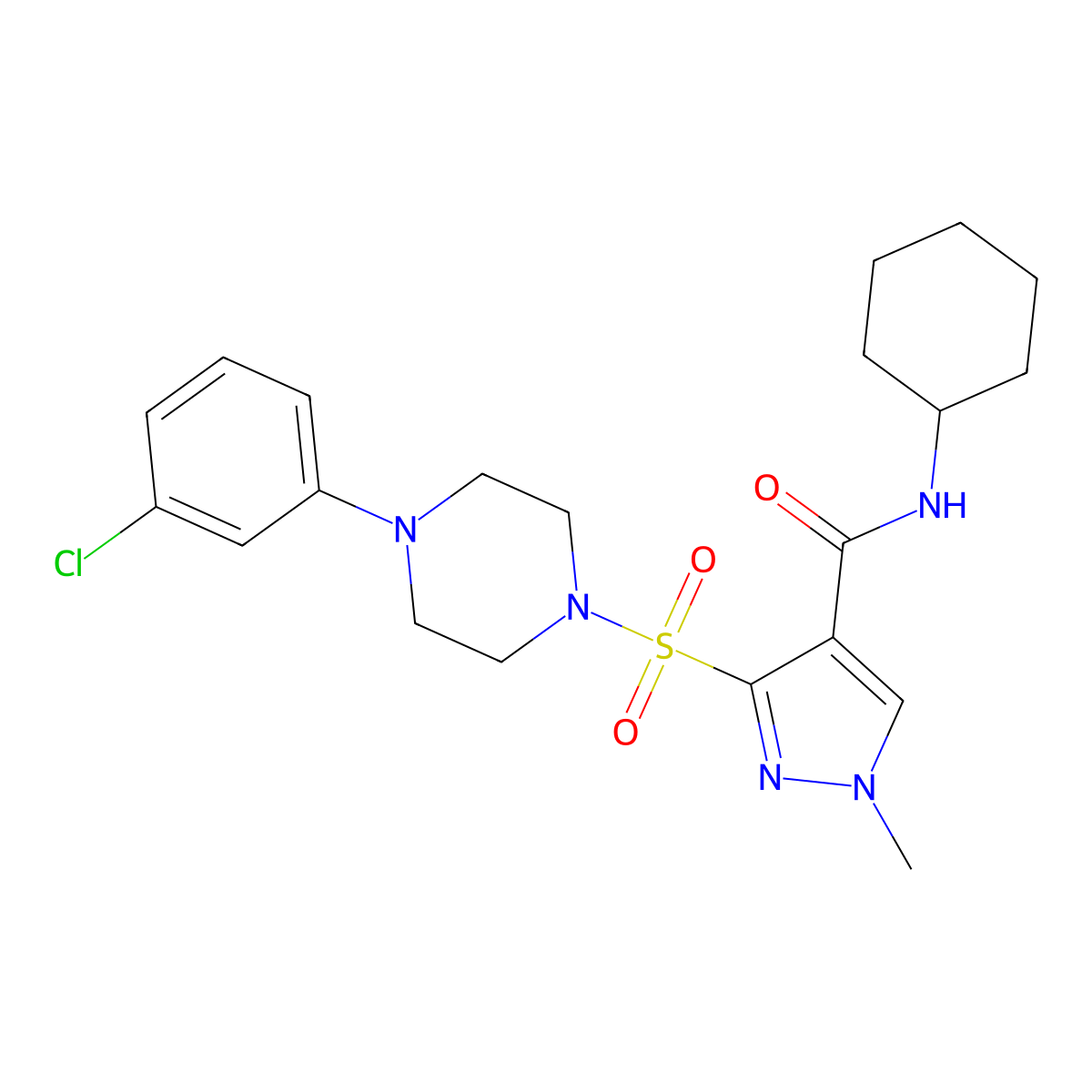 3-{[4-(3-chlorophenyl)piperazin-1-yl]sulfonyl}-N-cyclohexyl-1-methyl-1H-pyrazole-4-carboxamide molecular structure, CAS 1189911-23-6